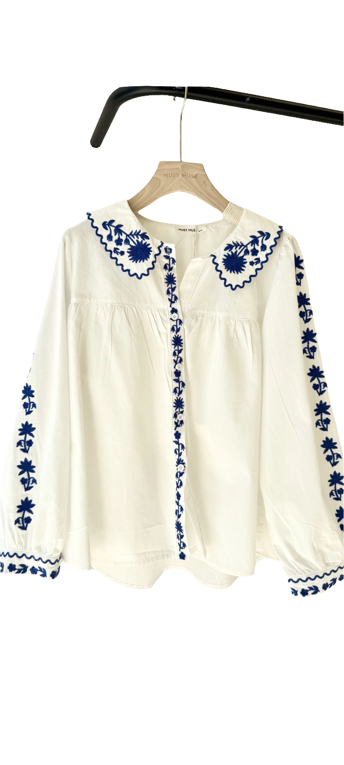 Blue and white floral embroidered blouse