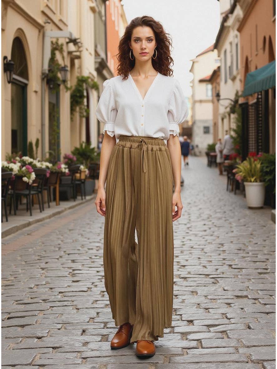 Premium Italian plisse wide leg Palazzo Trousersin caramel