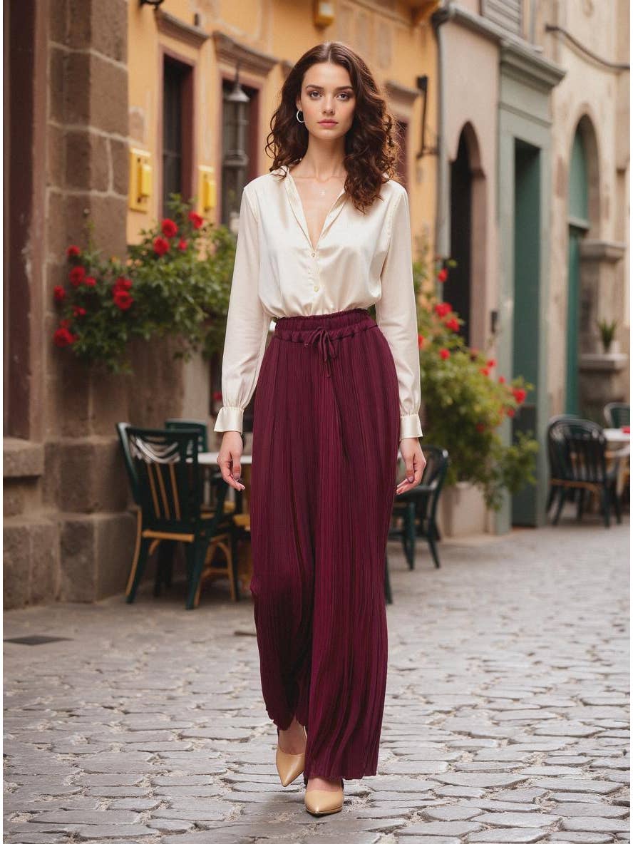 Premium Italian plisse wide leg Palazzo Trousersin Mulberry