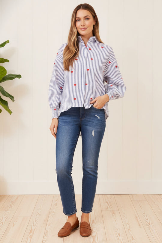 Heart Print Long Sleeve Shirt in BLUE