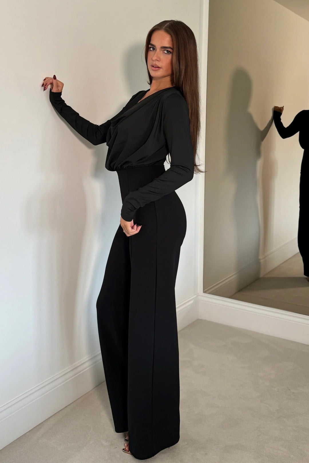 Giselle Cowl Neck Long Sleeve Jumpsuit in Black