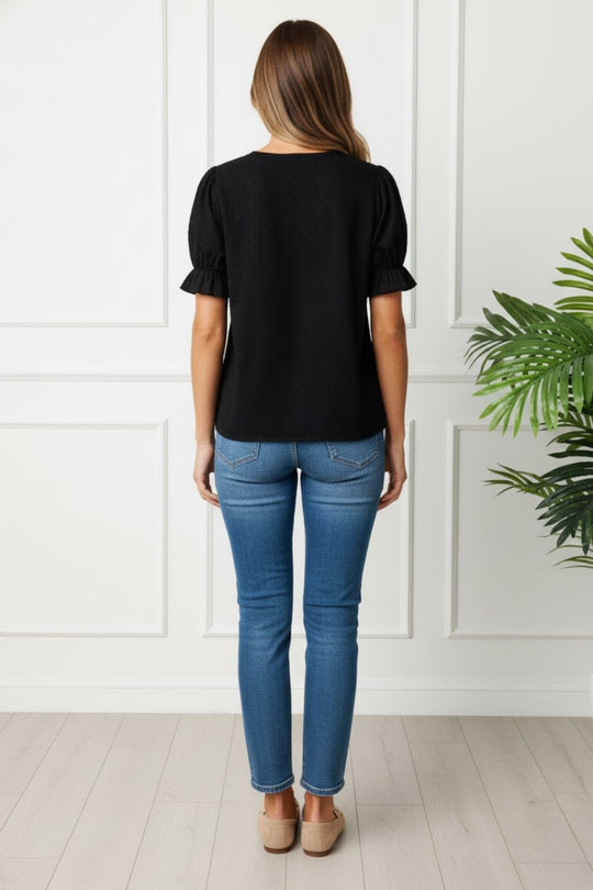 Floral short puff  sleeve v - neck blouse