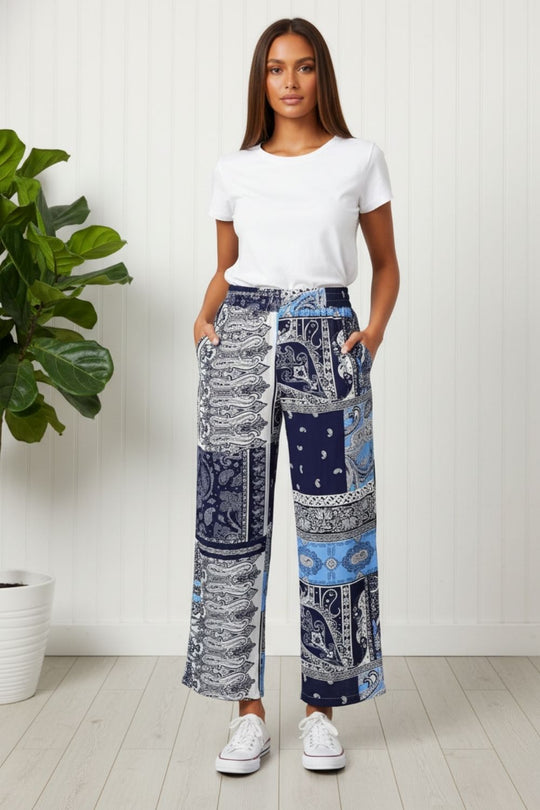 Patchwork Print High Waist Wide Trousers in NAVY