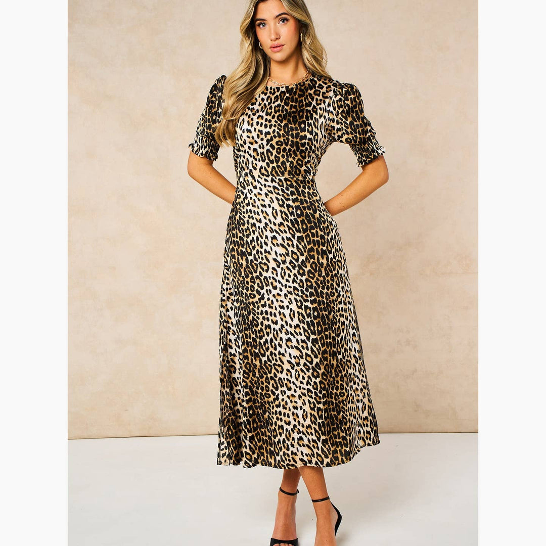 Leopard Print Midi Tea Dress in Cream