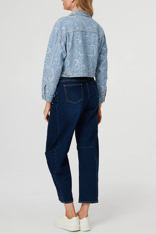 Floral Printed Cropped Denim Jacket in Denim