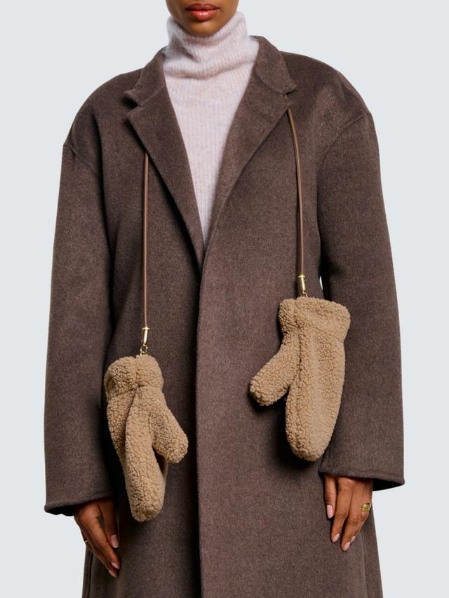 Teddy Mittens With Cord - Tan