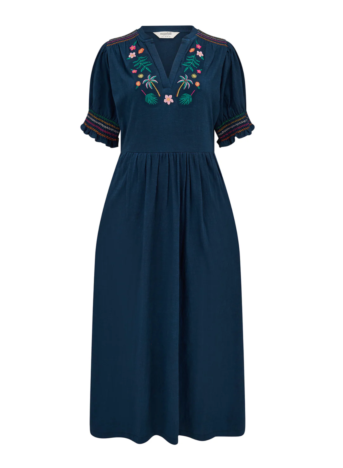 Sugarhill Brighton Esme Jersey Midi Dress Navy, Tropic Palm Embroidery (sale)