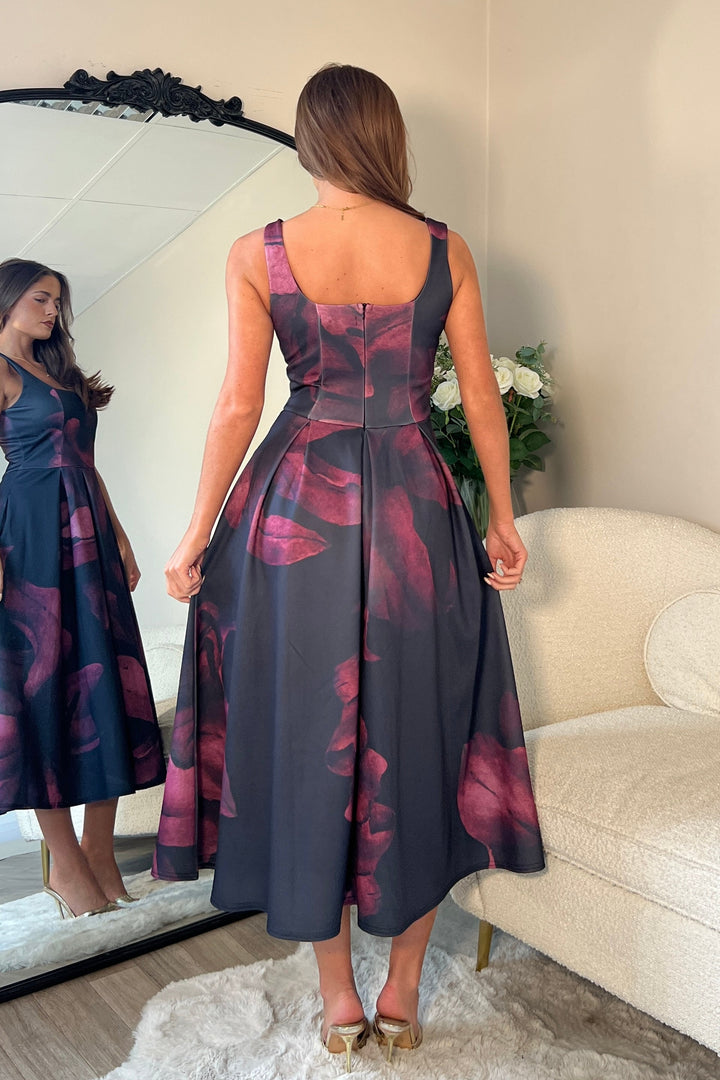 Erica square neck pleated midi dress Wine Floral