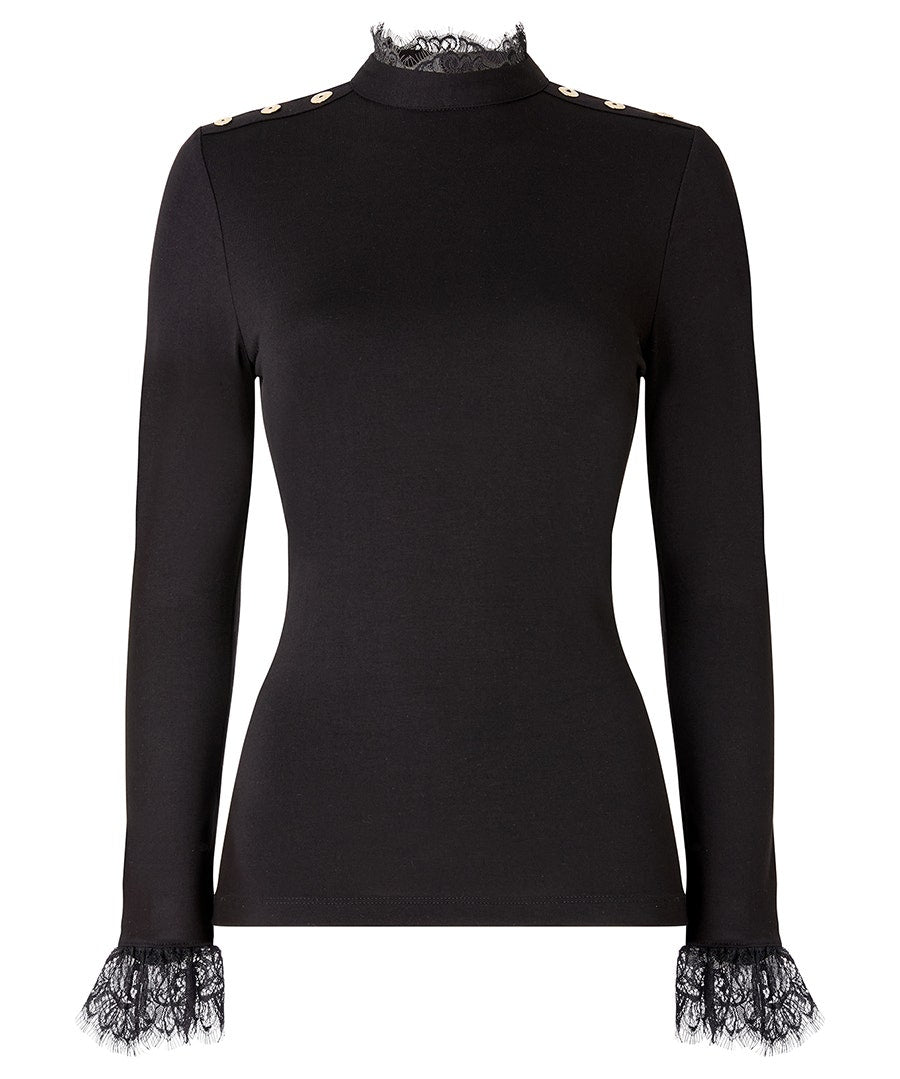 Delicate Lace Trim High Neck Top in Black