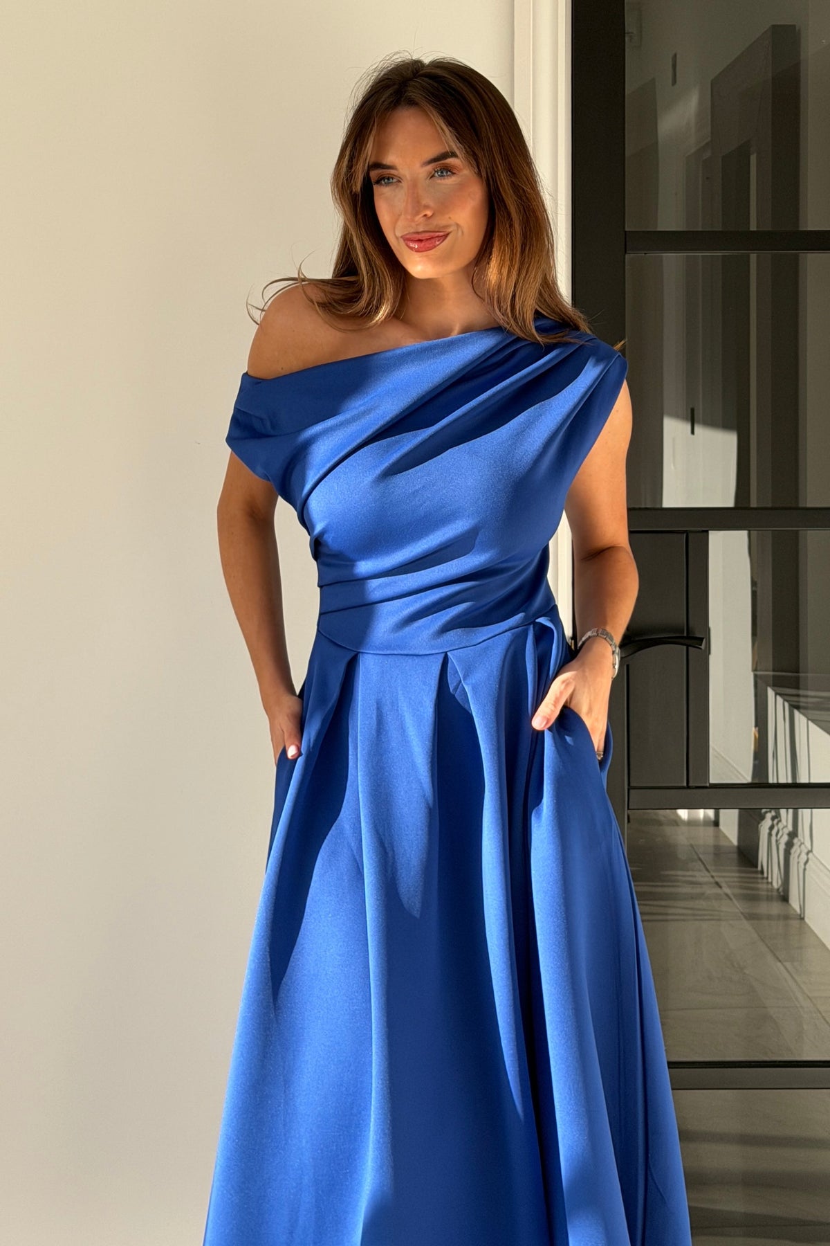 Betty Asymmetric Dress in cobalt