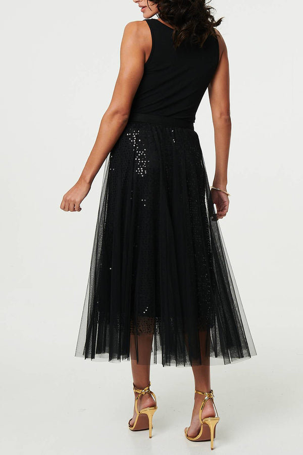 Sequin Embellished Mesh Layer Midi skirt in Black