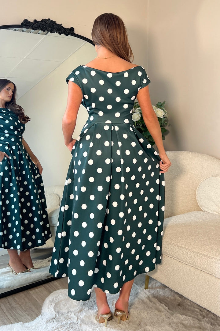Betty Asymmetric Neckline skater Midi green spot