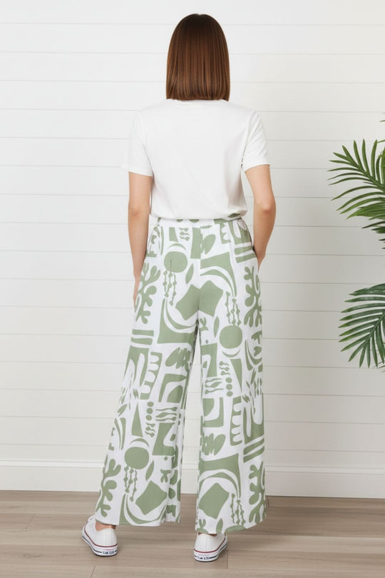 Abstract High Waist Palazzo Trousers in SAGE