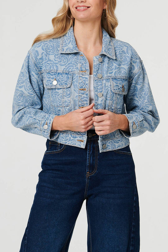 Floral Printed Cropped Denim Jacket in Denim