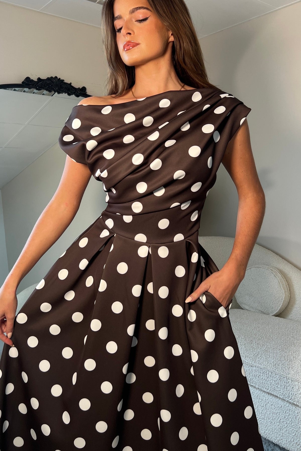 Betty Asymmetric Neckline Skater Midi Brown Polka Dot