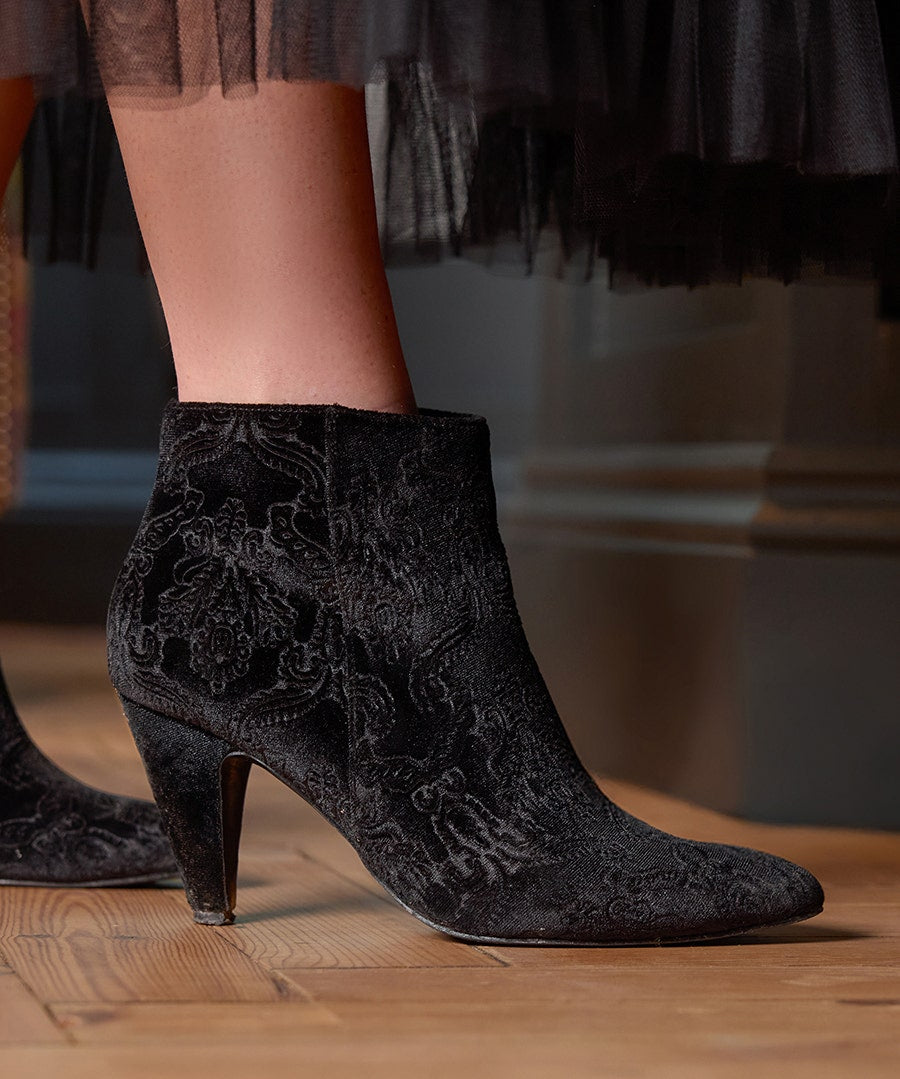 Vivacious Embossed Velvet Ankle Boots
