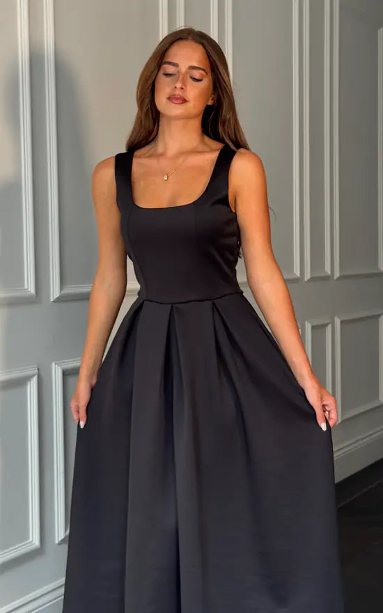Erica square neck pleated midi dress in Black