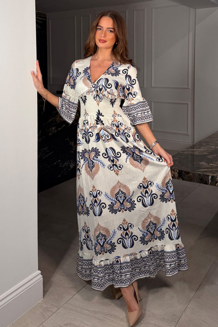 Border Print Maxi Dress Blue