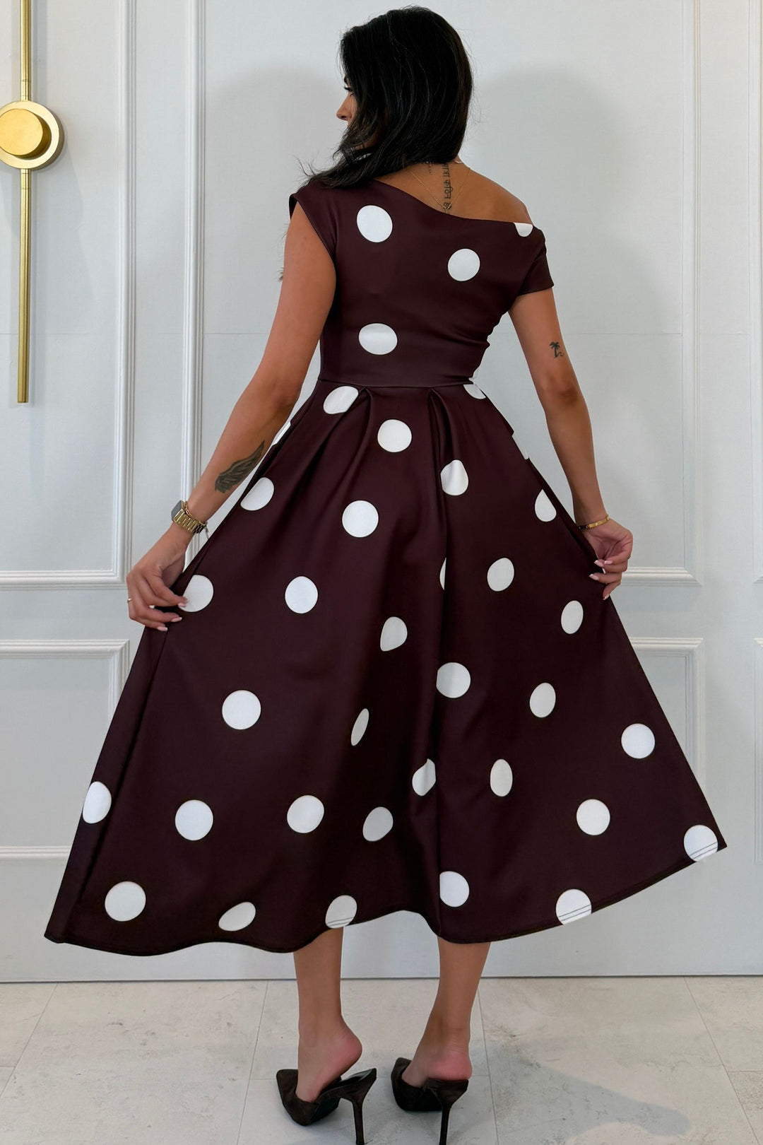 Betty Asymmetric Neckline Skater Midi Large Brown Polka (coming soon )