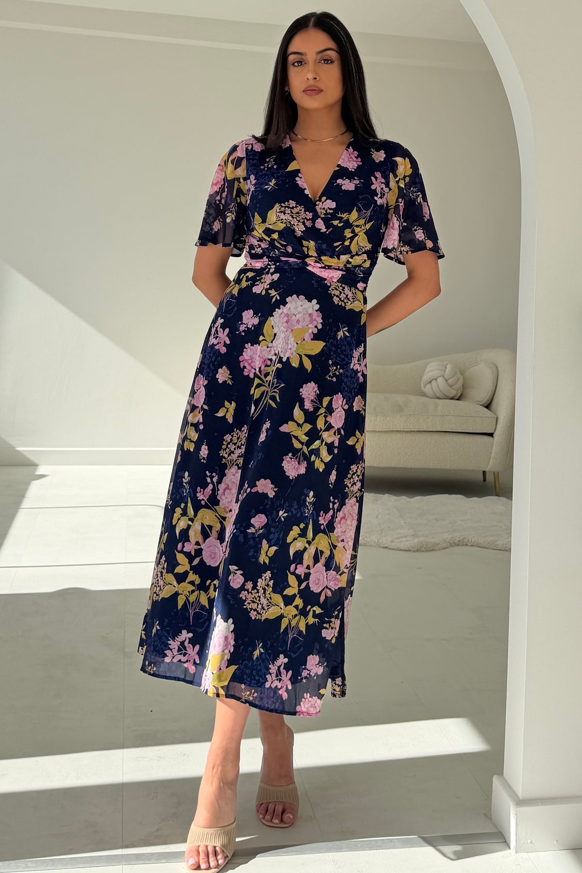 Daisy Wrap Neck Twist Detail Midi Dress Navy (sale)