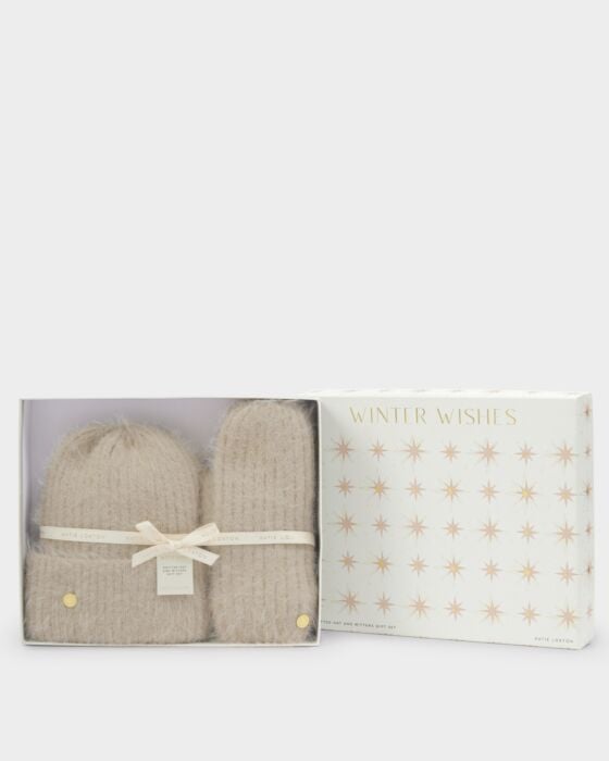 Taupe winter wishes Hat and Mittens set