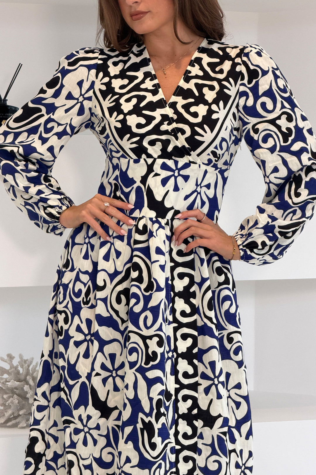 Border Print Long Sleeve Maxi Dress Blue