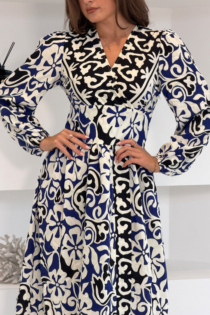 Border Print Long Sleeve Maxi Dress Blue