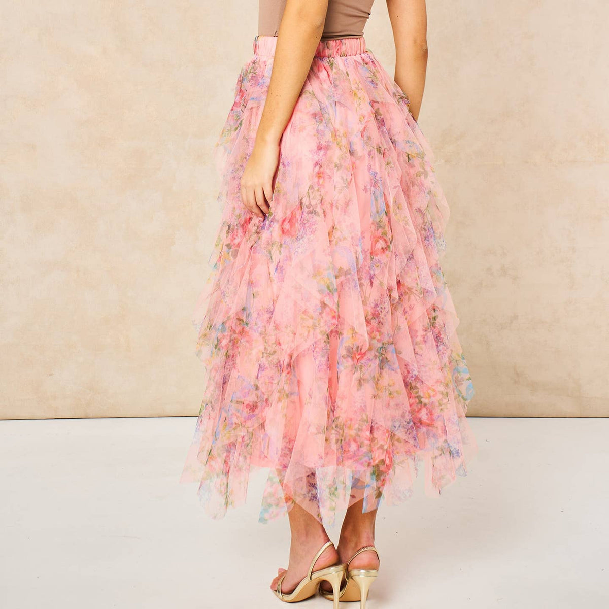 Layla Peach Pink Floral Layered Tulle Maxi Skirt