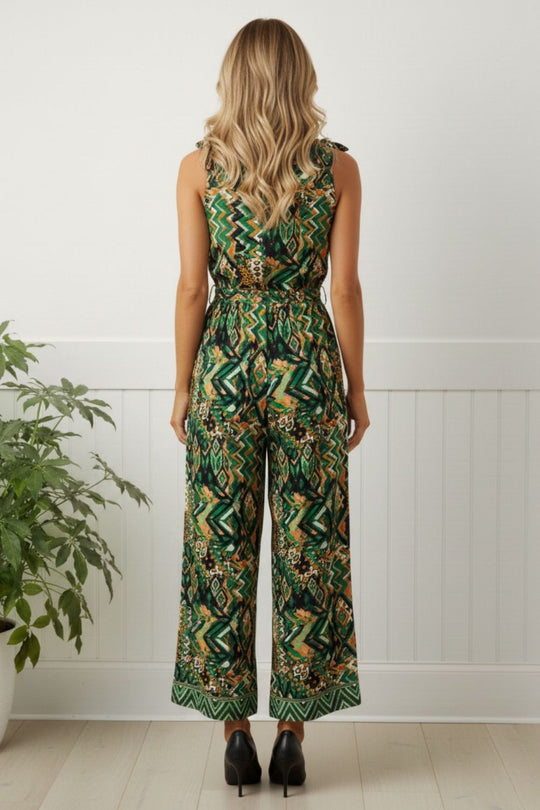 Abstract Sleeveless Tie Waist Jumpsuit in MULTI GREEN