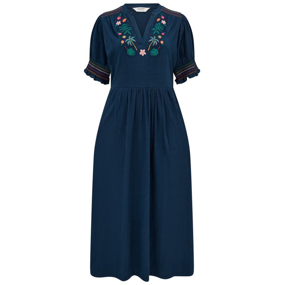 Sugarhill Brighton Esme Jersey Midi Dress Navy, Tropic Palm Embroidery (sale)