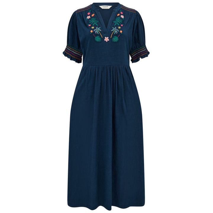 Sugarhill Brighton Esme Jersey Midi Dress Navy, Tropic Palm Embroidery