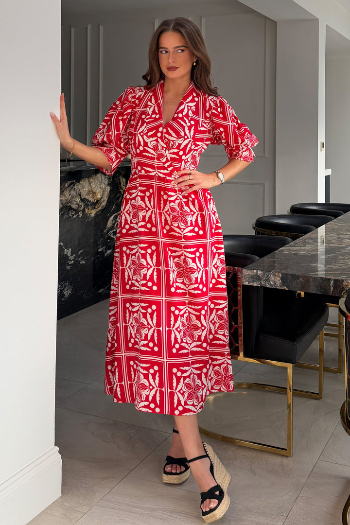 Fara Collar Midi Dress Red