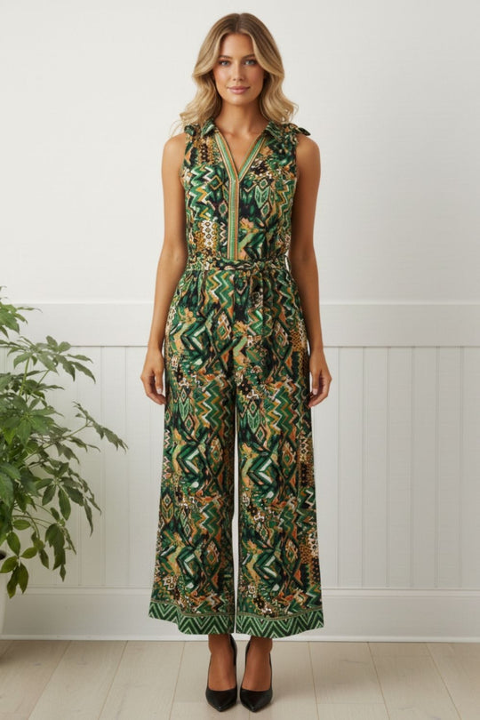 Abstract Sleeveless Tie Waist Jumpsuit in MULTI GREEN