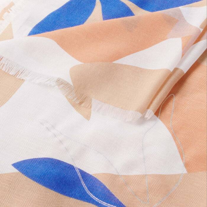Printed botanical mix scarf in blue, white and peach live offer