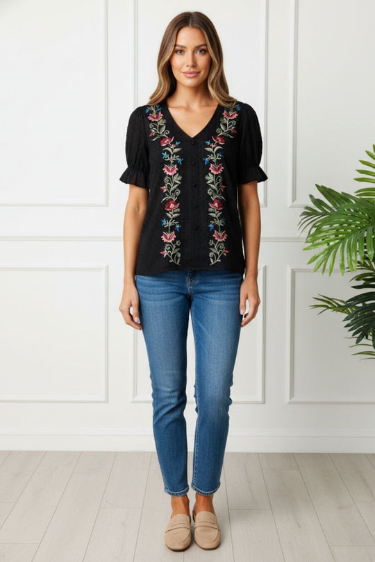 Floral short puff  sleeve v - neck blouse