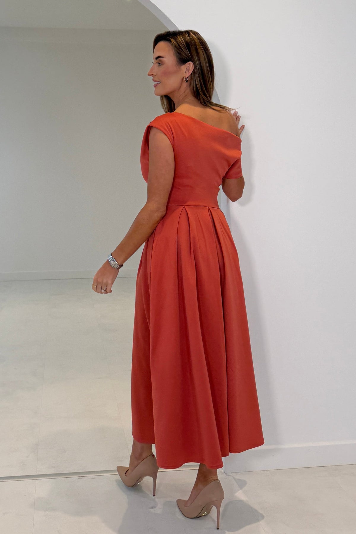 Betty Asymmetric Dress in clay