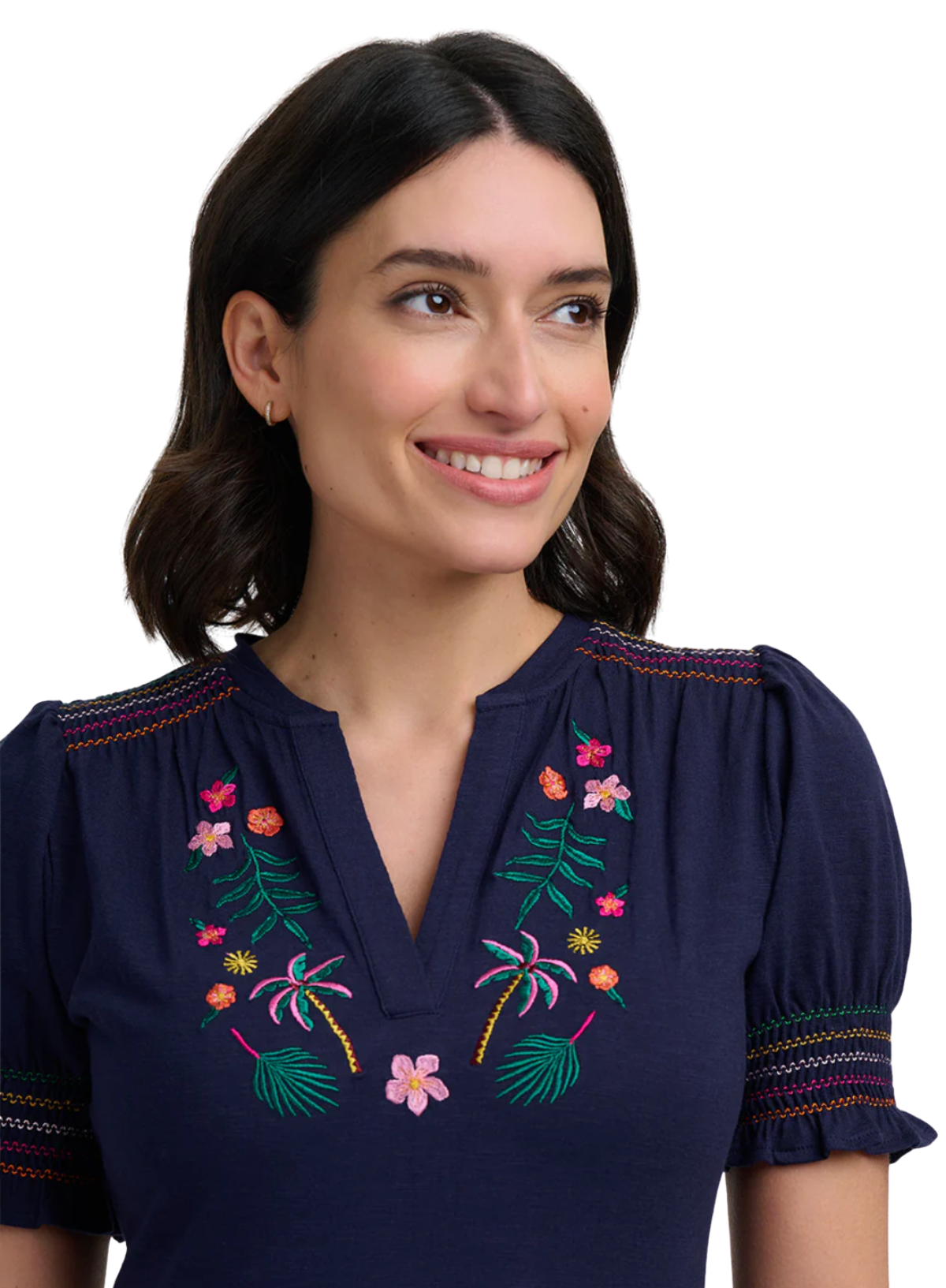 Sugarhill Brighton Esme Jersey Midi Dress Navy, Tropic Palm Embroidery (sale)