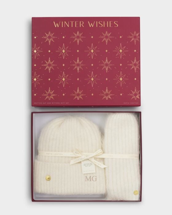 White winter wishes Hat and Mittens set