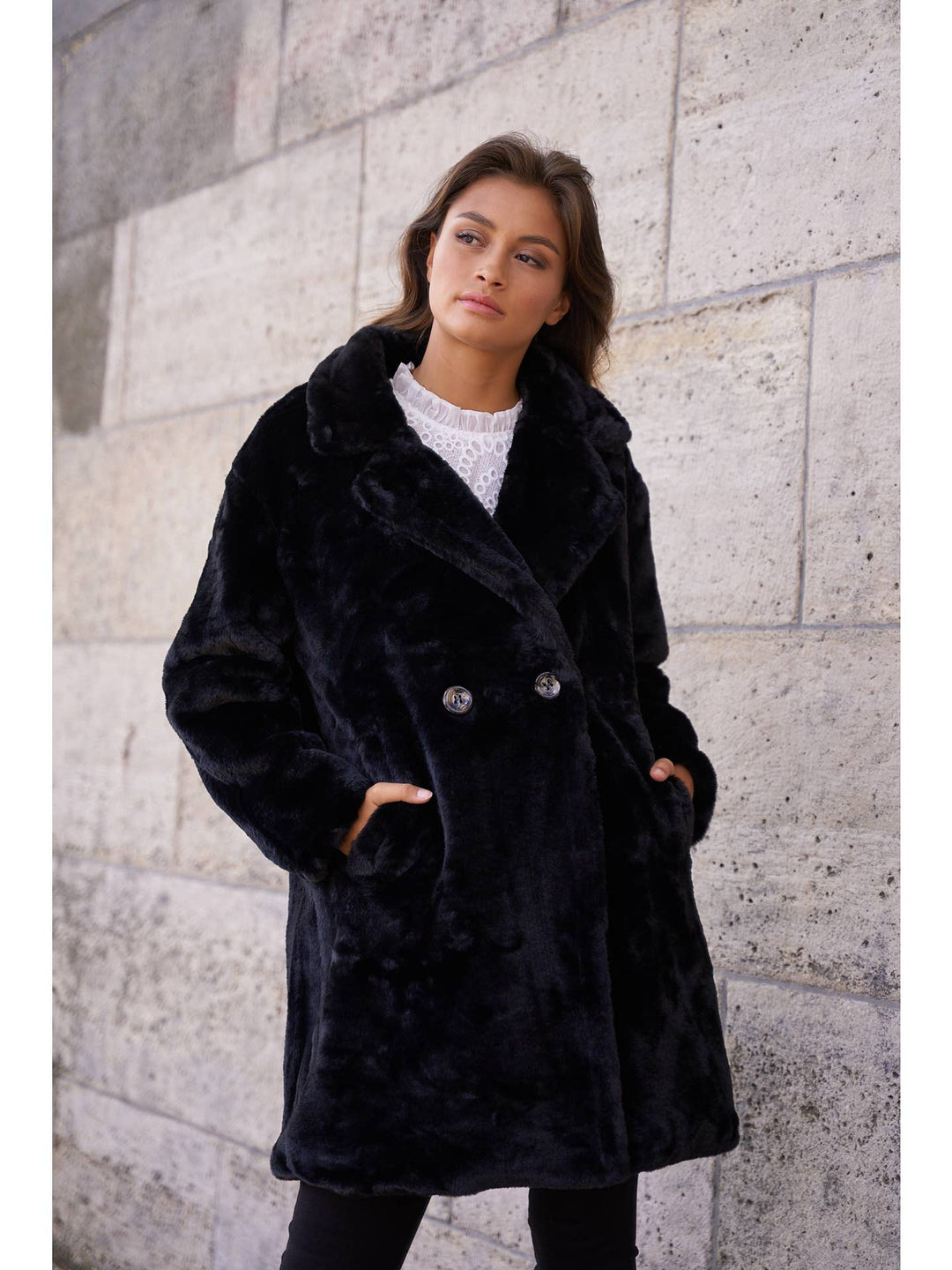 Oversized black faux fur coat
