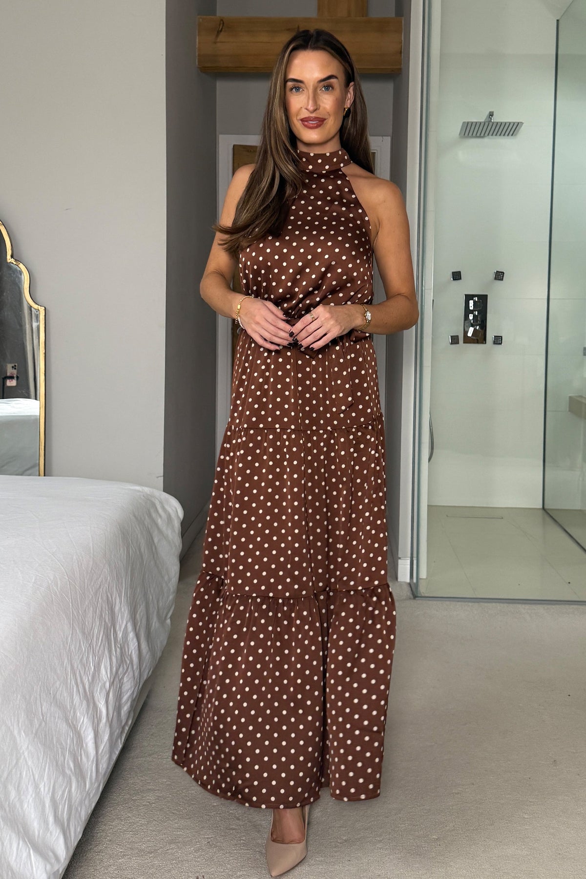 Halterneck Tiered Maxi Dress Brown Spot