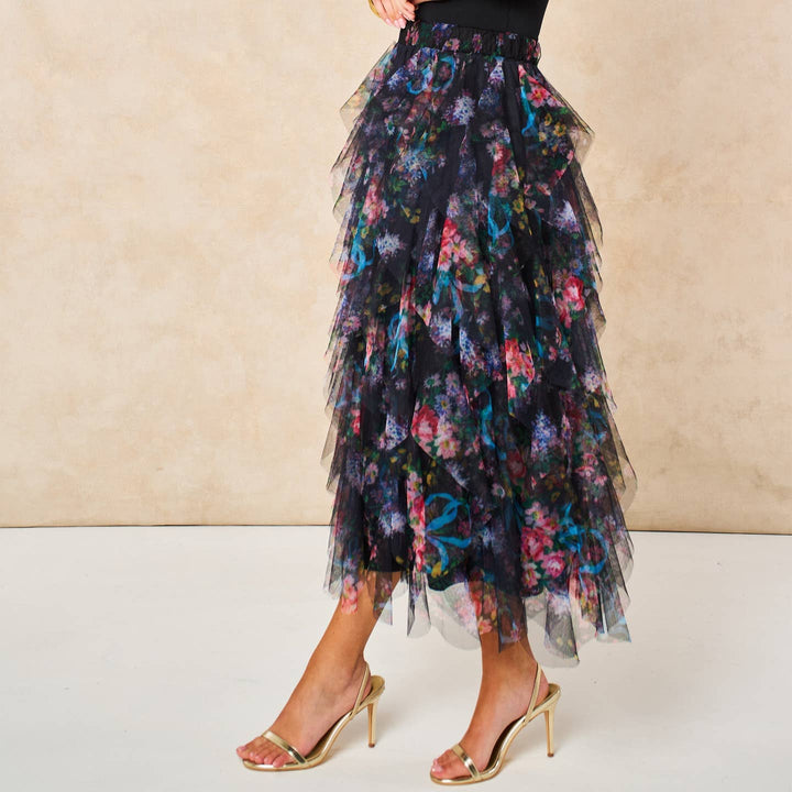 Black Floral Layered Tulle Maxi Skirt