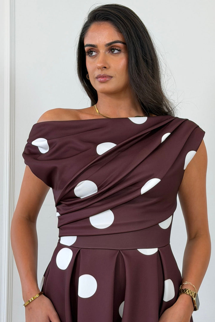 Betty Asymmetric Neckline Skater Midi Large Brown Polka (coming soon )