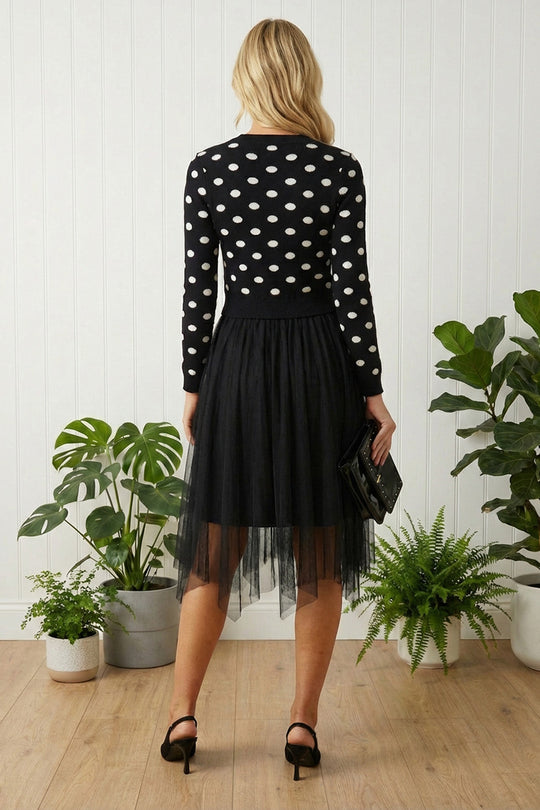 Polka Dot Print Mesh Layer Midi Dress in BLACK