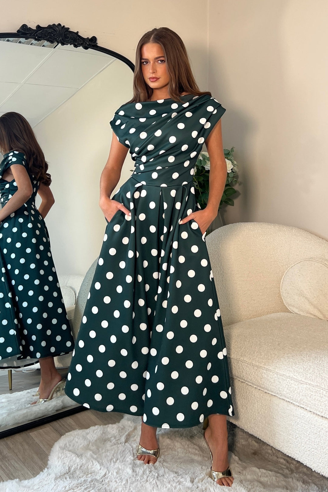 Betty Asymmetric Neckline skater Midi green spot