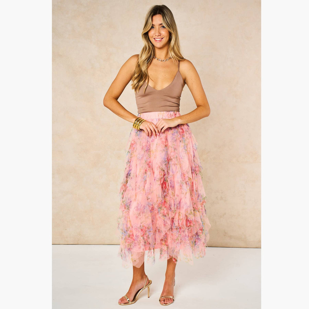 Layla Peach Pink Floral Layered Tulle Maxi Skirt