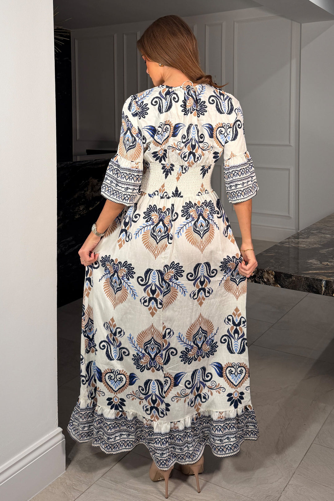 Border Print Maxi Dress Blue