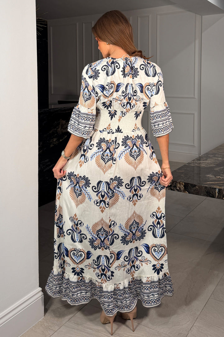 Border Print Maxi Dress Blue