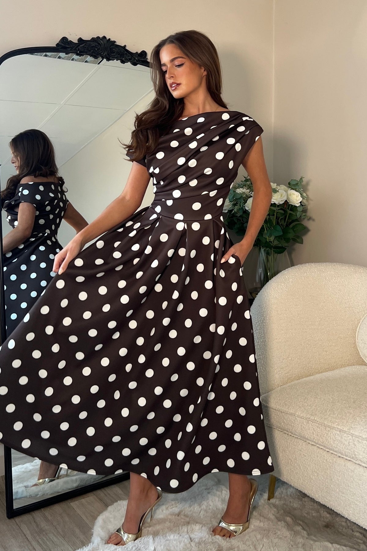 Betty Asymmetric Neckline Skater Midi Brown Polka Dot