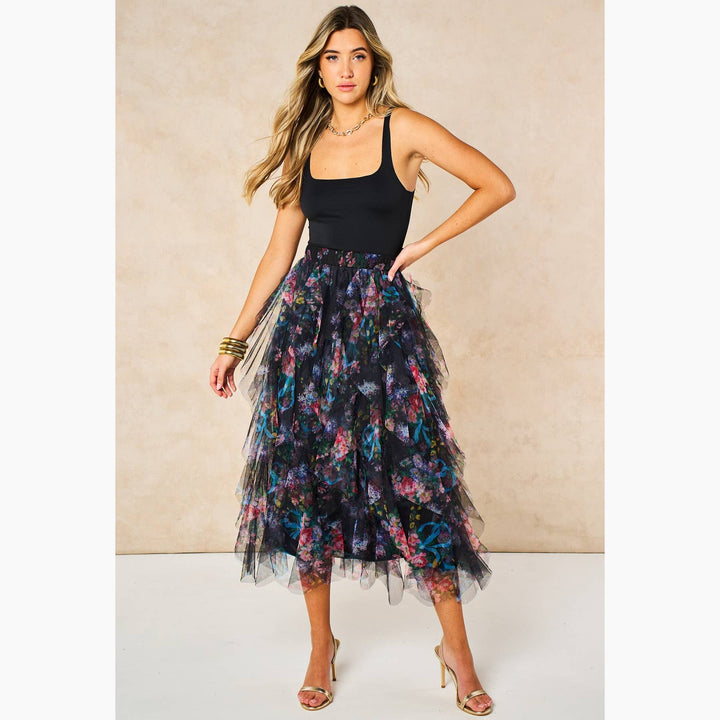 Black Floral Layered Tulle Maxi Skirt