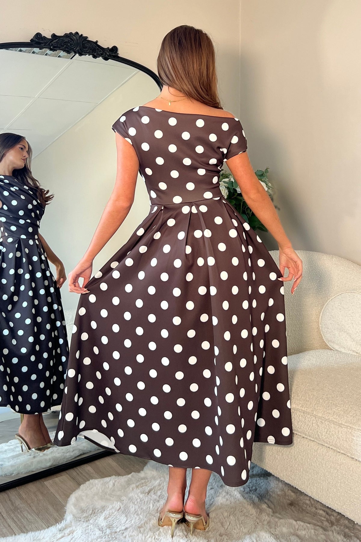 Betty Asymmetric Neckline Skater Midi Brown Polka Dot